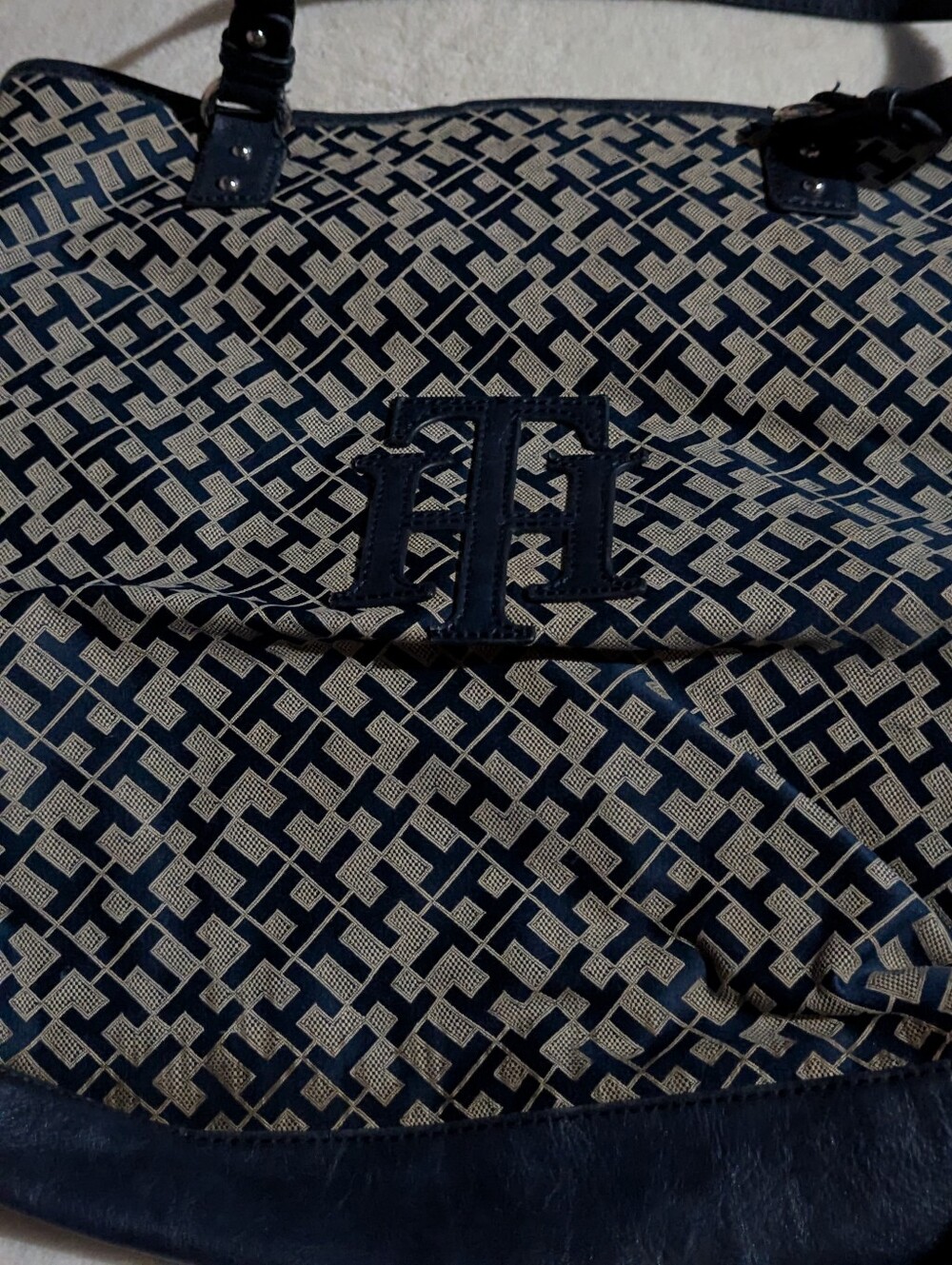 Tommy Hilfiger Navy and Cream Monogram Travel Tote